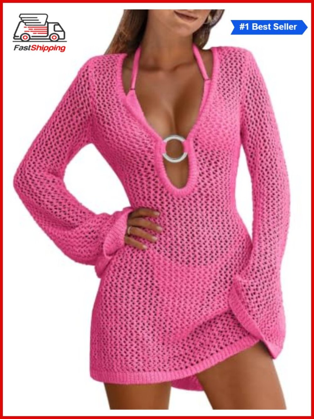 ✨ Women's Crochet Swimsuit Coverup Long Sleeve V-Neck Beach Dress 100% Acrylic